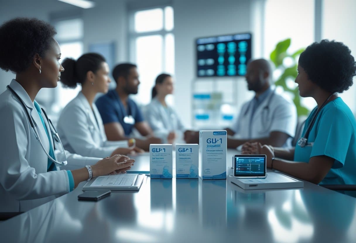 A diverse group of patients and healthcare professionals interacting in a modern clinic, discussing medications and health information.