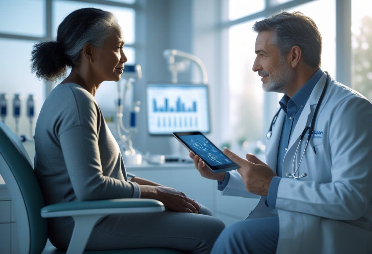 A patient and doctor having a supportive conversation in a modern medical office focused on preventive medicine.