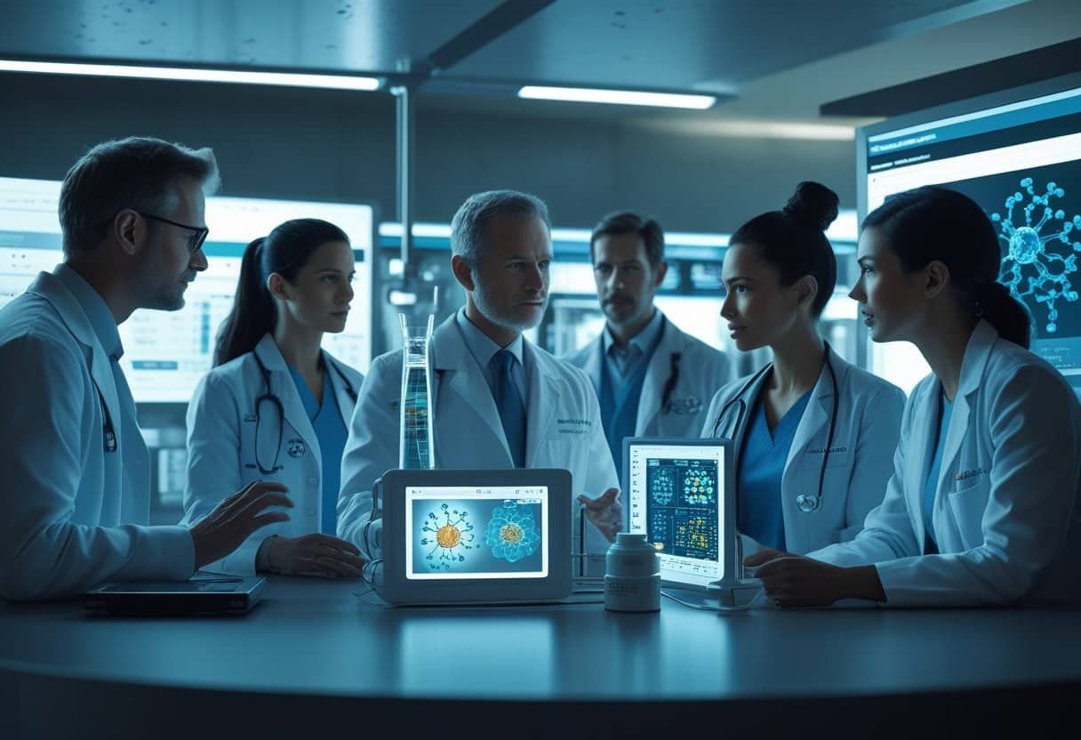 A group of healthcare professionals discussing advanced medical data in a futuristic lab focused on GLP-1 medications.