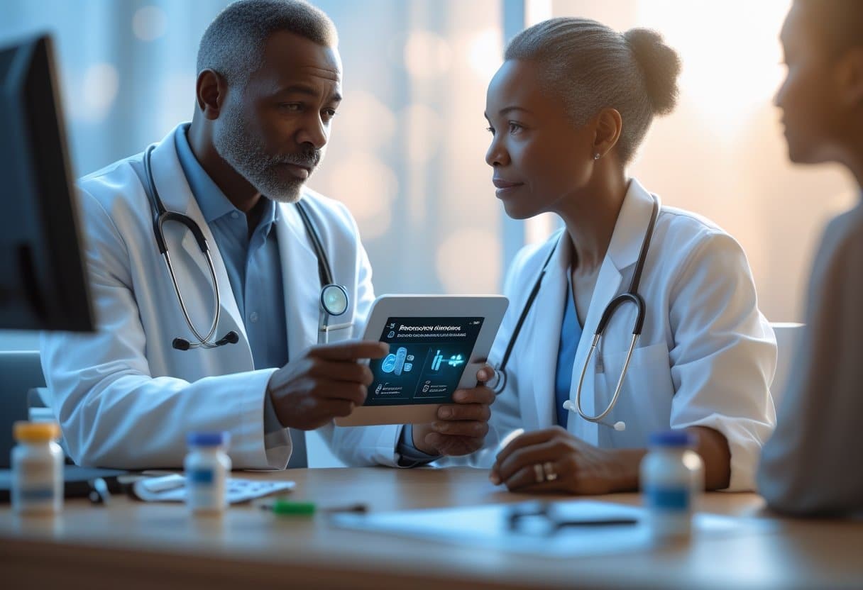 A doctor and patient in a modern clinic discussing medication, with medical equipment visible in the background.