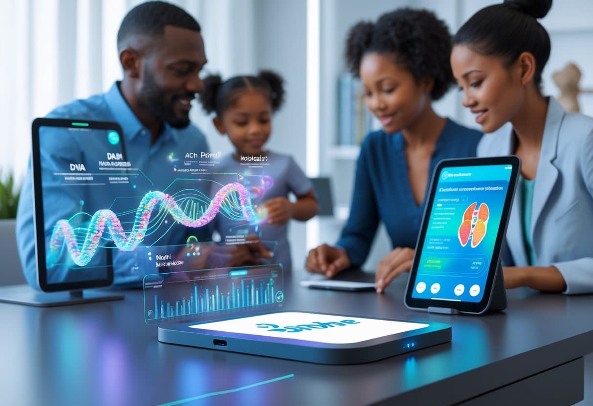A family interacting with advanced genetic testing technology and holographic health data in a modern home setting.