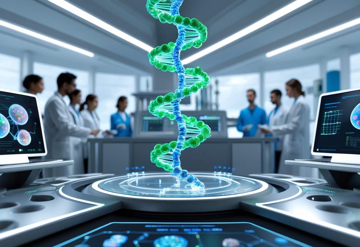 A futuristic laboratory with a glowing DNA model, scientists working with advanced genetic testing equipment and holographic displays showing health data.