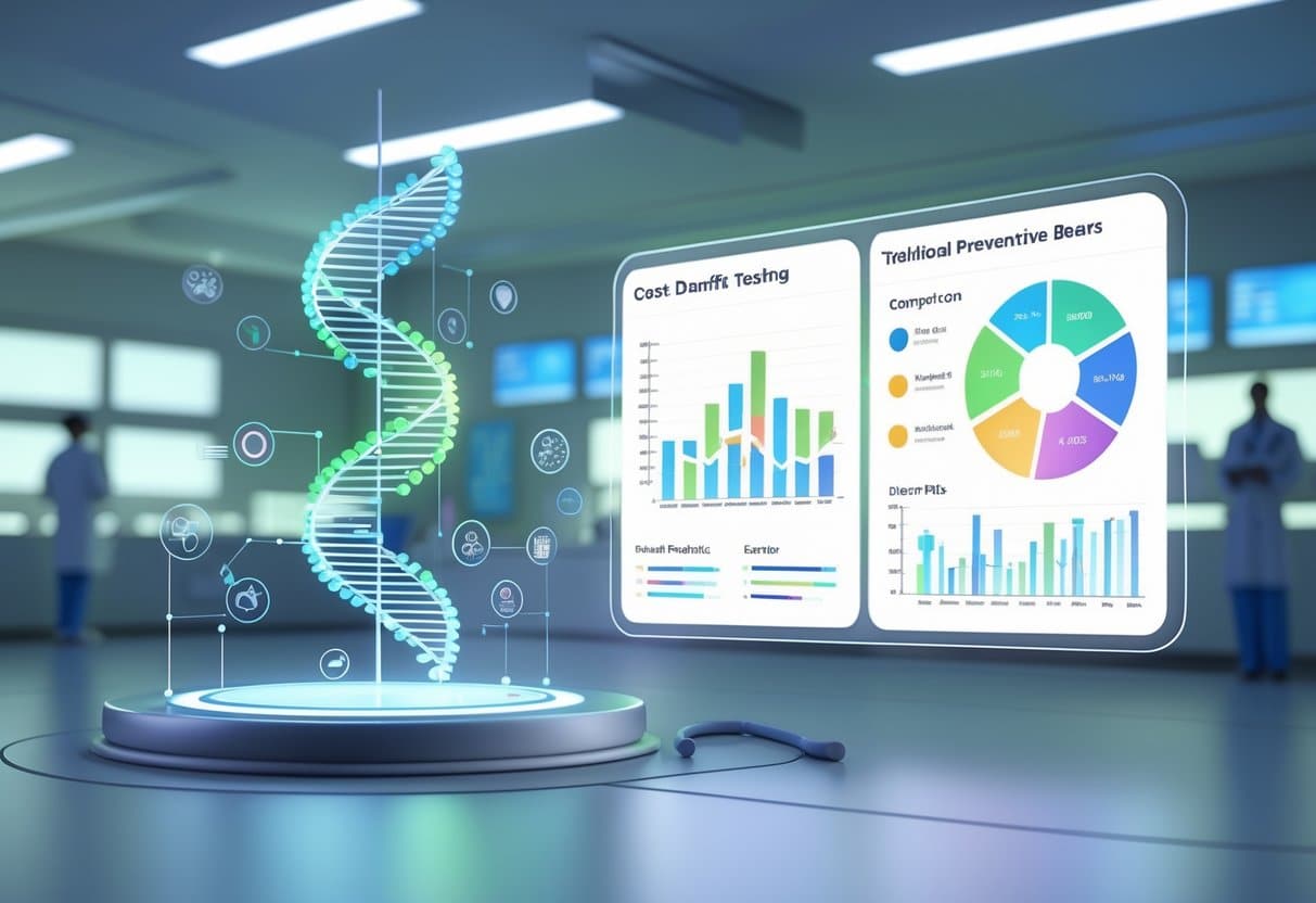 A 3D scene showing a glowing DNA helix and genetic icons on one side, and a medical clinic with healthcare professionals on the other, connected by a floating holographic chart comparing costs and benefits.