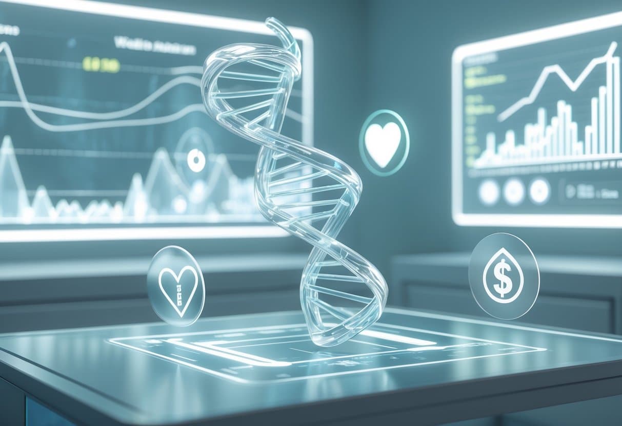 A futuristic laboratory scene with a glowing 3D DNA helix hologram surrounded by icons representing health benefits, limitations, and cost analysis.