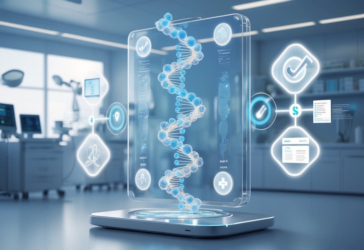 A futuristic medical lab with a transparent digital display showing DNA structures, medical devices, and holographic icons representing accuracy, regulation, and healthcare integration.