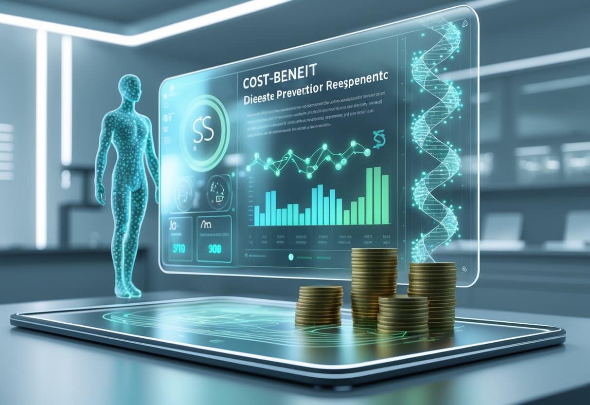 A 3D scene showing a futuristic digital dashboard with holographic charts, DNA models, and symbols representing health data and costs in a high-tech lab setting.