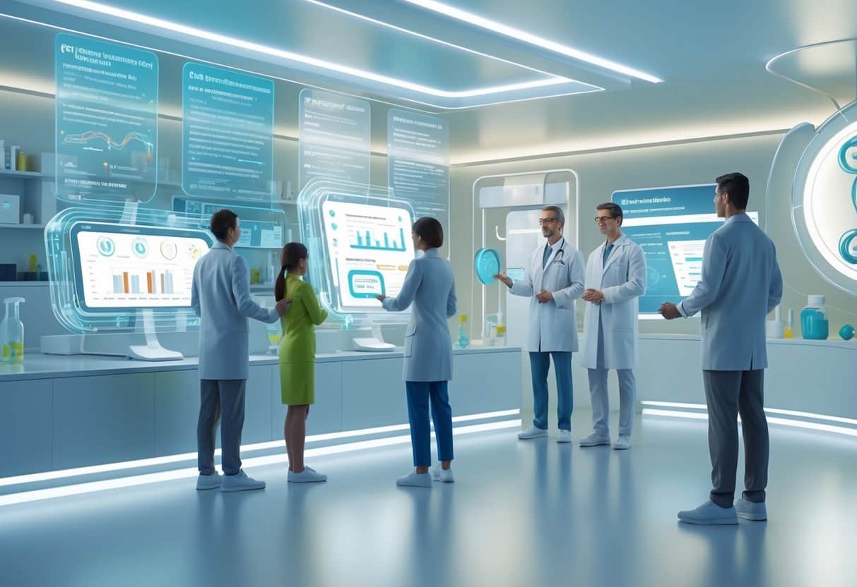 A futuristic medical lab with people interacting with holographic displays showing DNA, genetic data, and health-related charts.