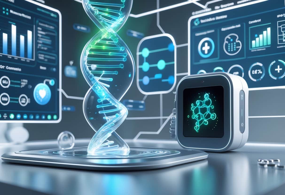 A 3D scene showing a glowing DNA helix surrounded by floating data panels and a modern genetic testing device in a futuristic health lab.