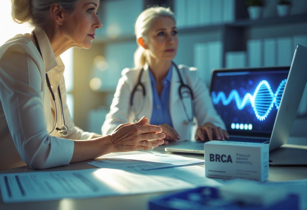 A woman and a healthcare professional discuss genetic testing in a clinic setting with medical documents and a test kit on the desk.