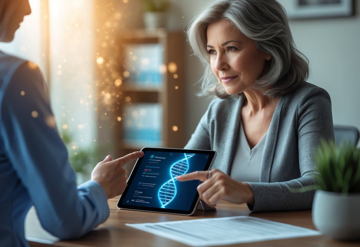 A woman and a medical professional reviewing genetic test results together in a medical office.