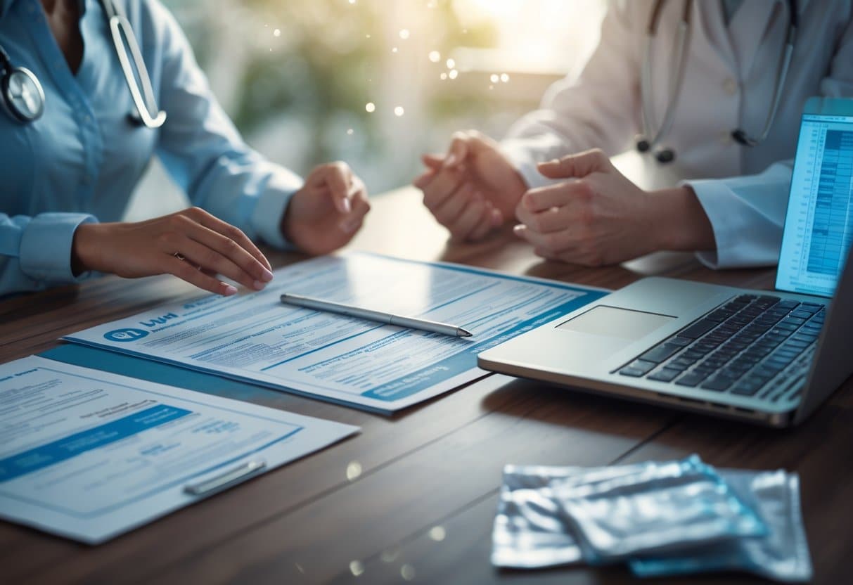 A woman and a healthcare professional discussing medical documents and a genetic testing kit across a table in a clinical setting.