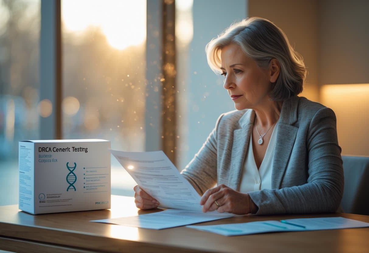 A middle-aged woman sitting at a table in a medical consultation room, examining medical documents and a genetic testing kit.