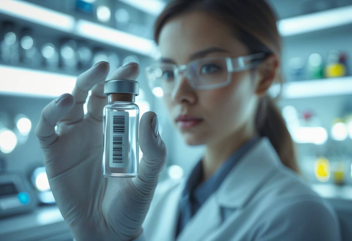 A female scientist holding a DNA sample vial in a clinical lab, focused and surrounded by blurred laboratory equipment.