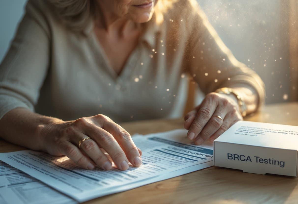 A middle-aged woman sitting at a table, holding a medical report and a genetic testing kit, looking thoughtfully ahead.
