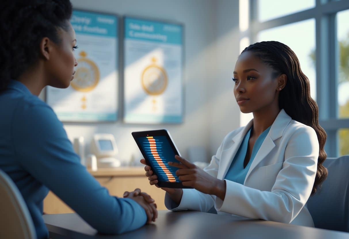 A woman consulting with a genetic counselor in a bright clinic room, discussing DNA testing for cancer prevention.