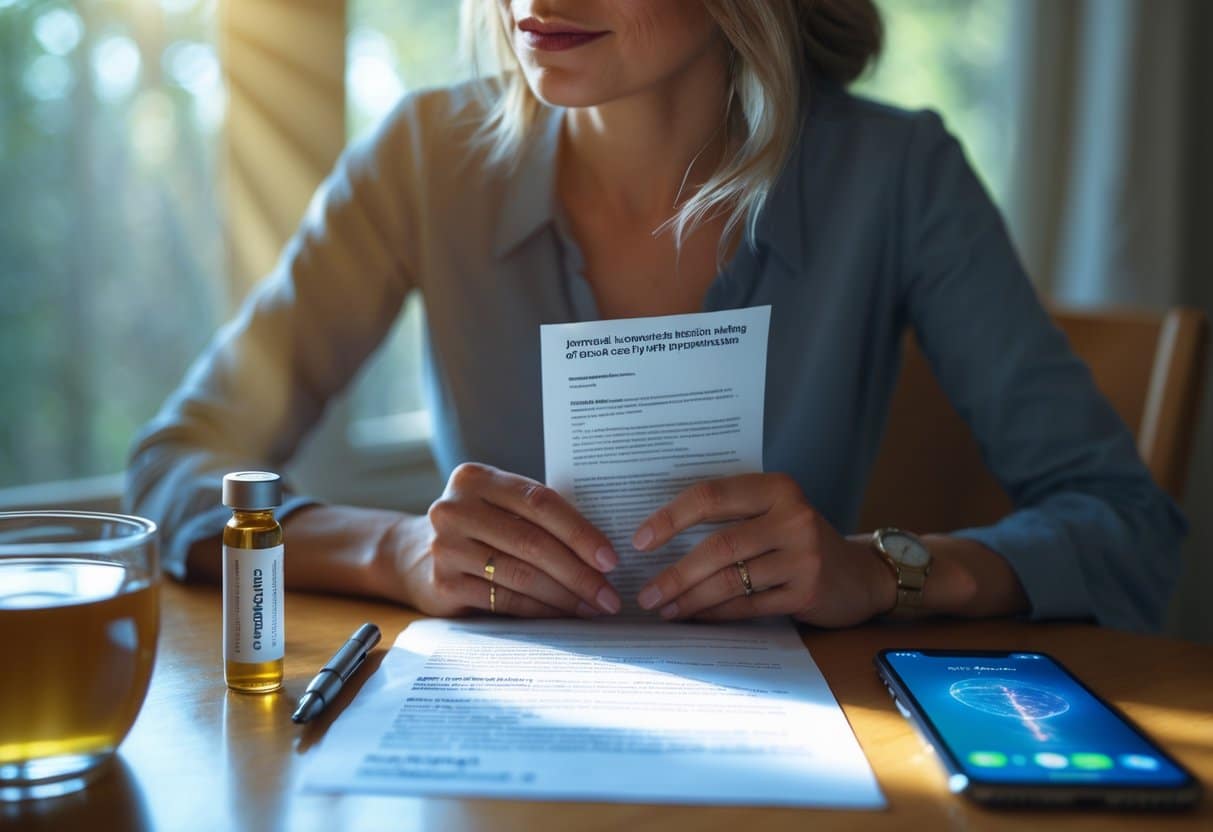 A woman sitting at a table holding a medical document with a DNA test vial and smartphone nearby, appearing thoughtful and contemplative.