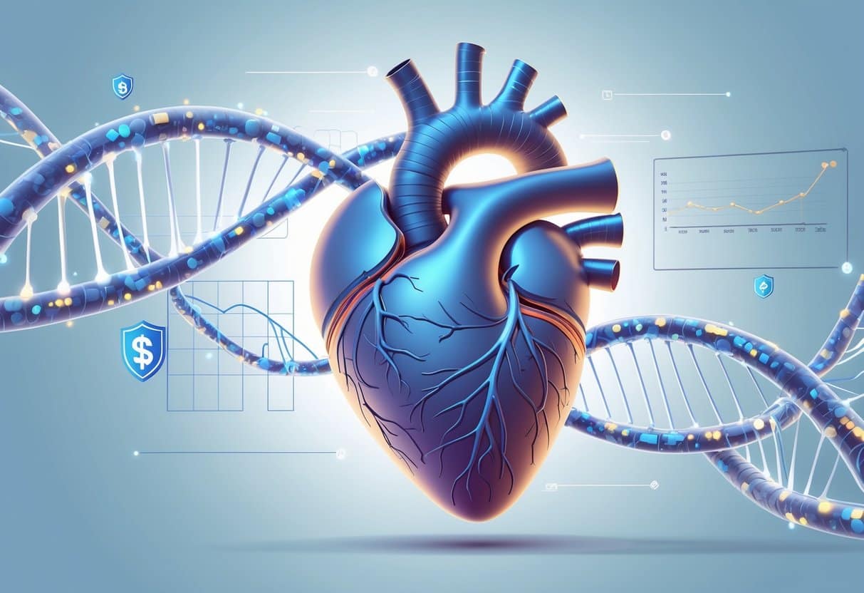 An illustration showing a human heart surrounded by DNA strands and floating data points, symbolizing genetics and risk analysis for heart disease prevention.