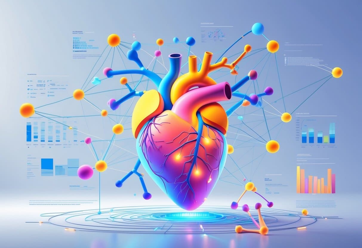 Illustration showing a human heart surrounded by interconnected DNA strands and genetic markers, with floating scientific data elements around it.