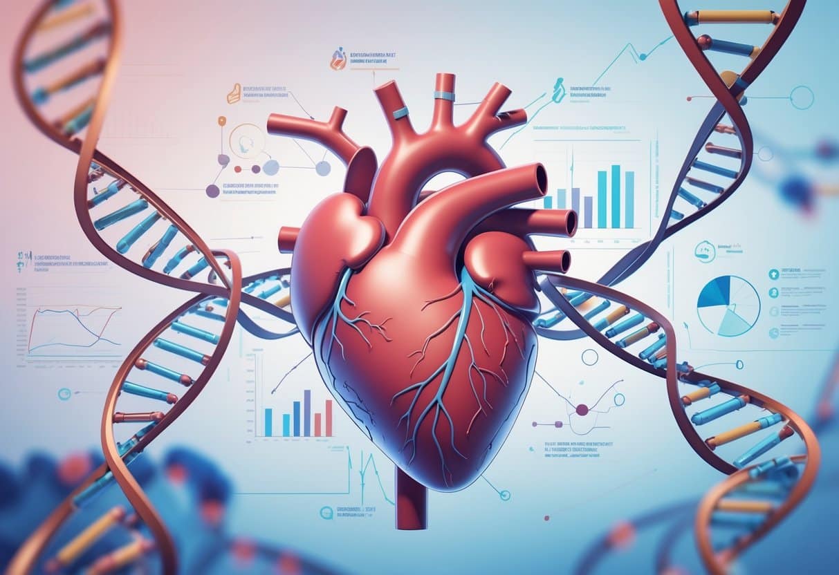 Illustration showing a human heart surrounded by DNA strands and genetic markers with data charts in the background, representing genetic risk assessment for heart disease prevention.