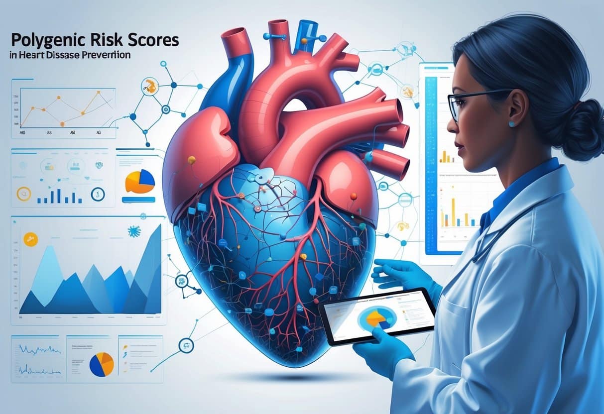 A human heart surrounded by DNA strands and genetic data, with a healthcare professional analyzing information on a transparent screen in a medical setting.