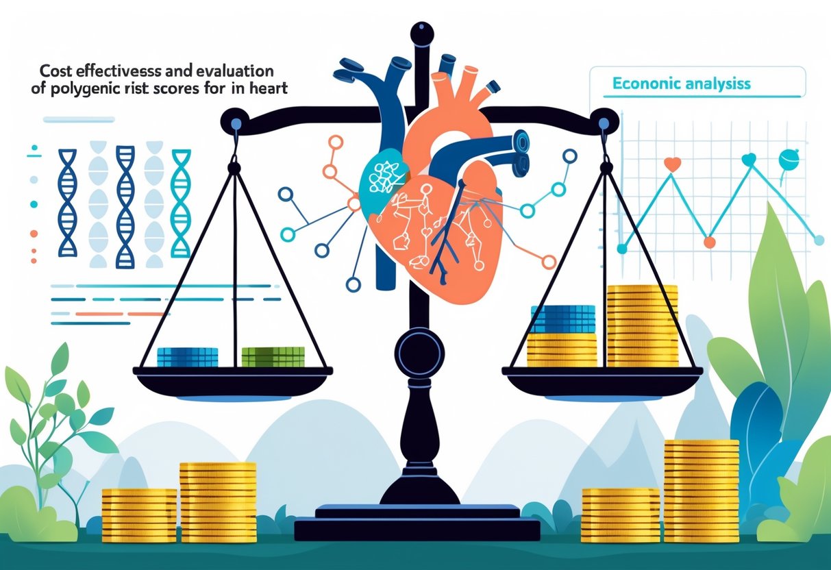 A balanced scale with DNA strands on one side and stacks of coins on the other, a human heart with genetic data points behind it, and charts showing economic trends in the background.