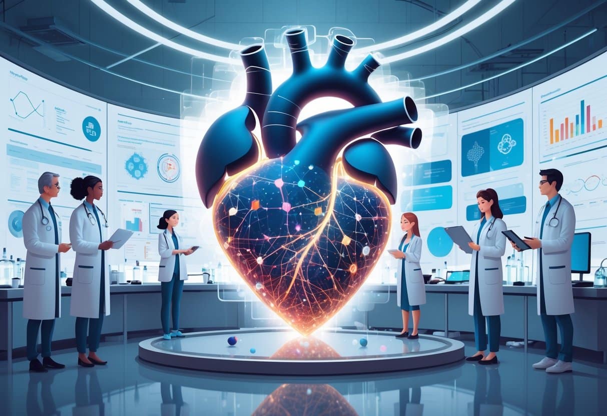 Scientists and healthcare professionals analyze genetic data around a stylized human heart made of DNA strands in a high-tech medical research lab.
