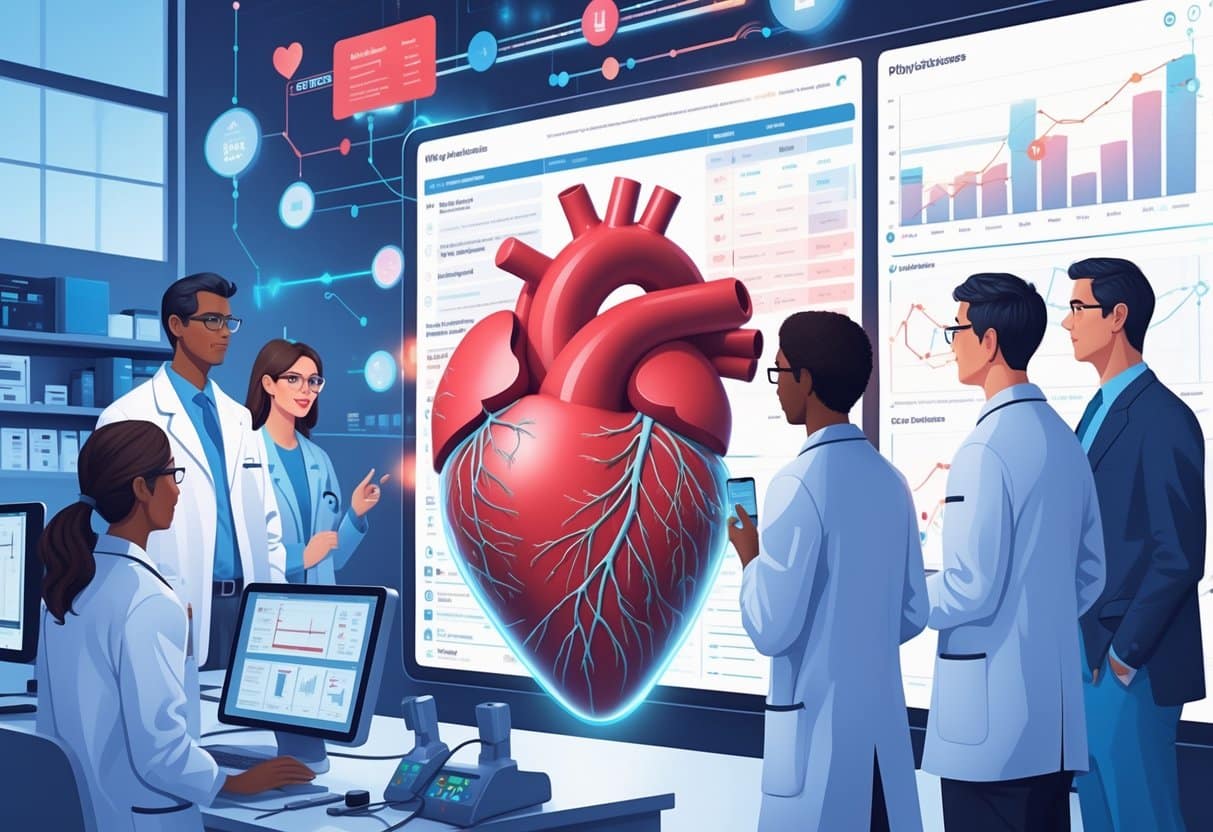 Medical professionals examining a digital display of genetic data and a 3D heart model in a clinical lab setting.