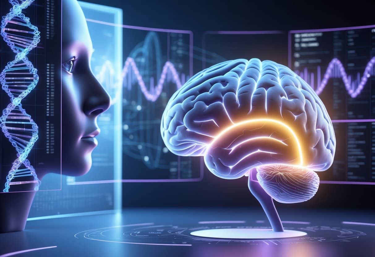 A 3D rendering of a human brain with a highlighted gene area, surrounded by digital DNA strands and a thoughtful human face in the foreground.