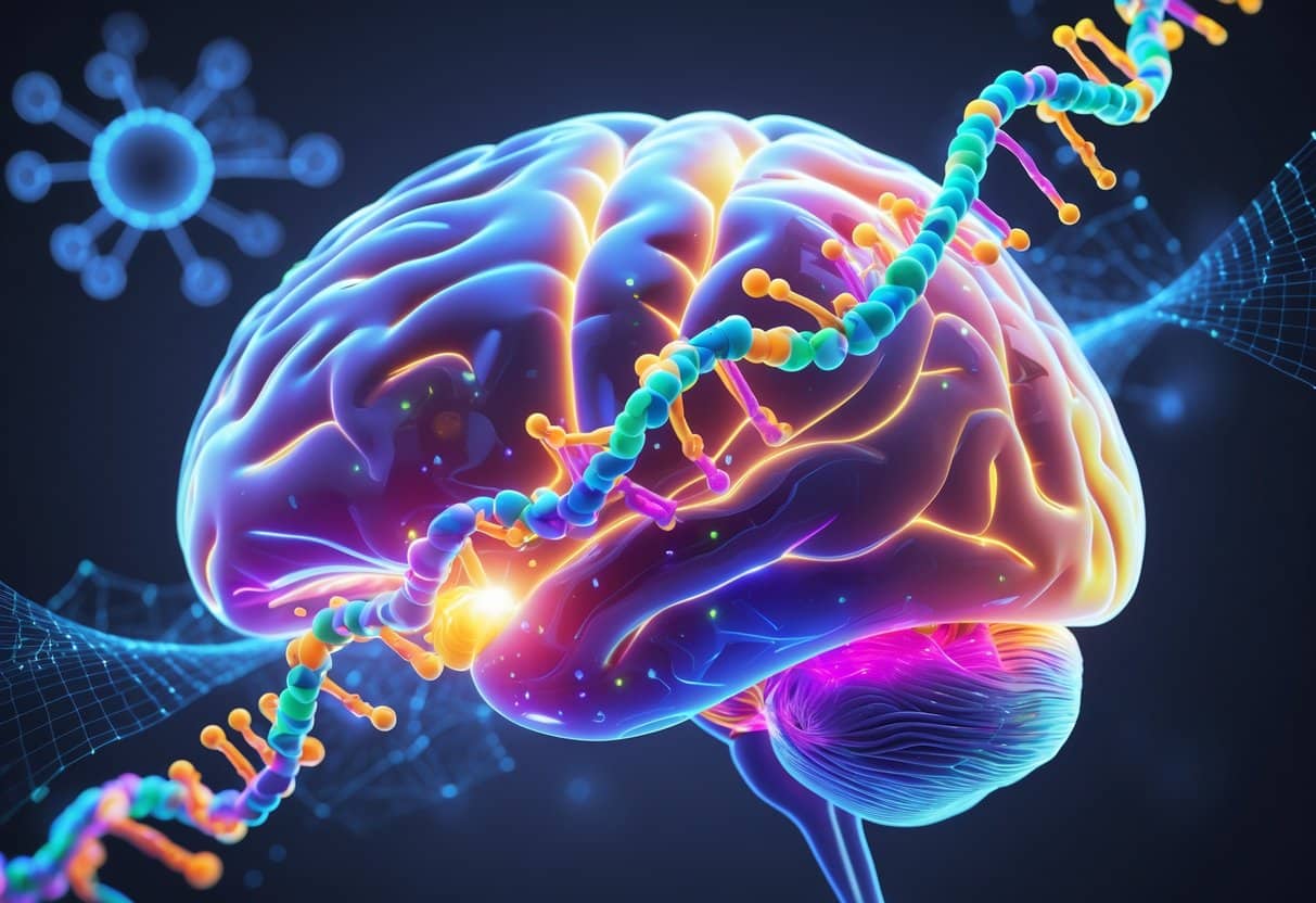A 3D rendering of a human brain with glowing neural pathways and a highlighted DNA strand representing the APOE4 gene, surrounded by abstract molecular structures.