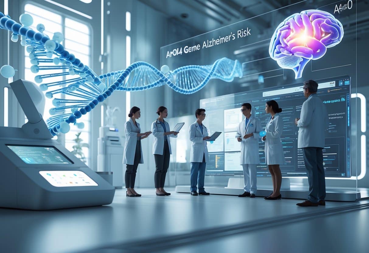 A futuristic lab where scientists analyze holographic DNA strands and brain images related to genetic testing for Alzheimer's risk.