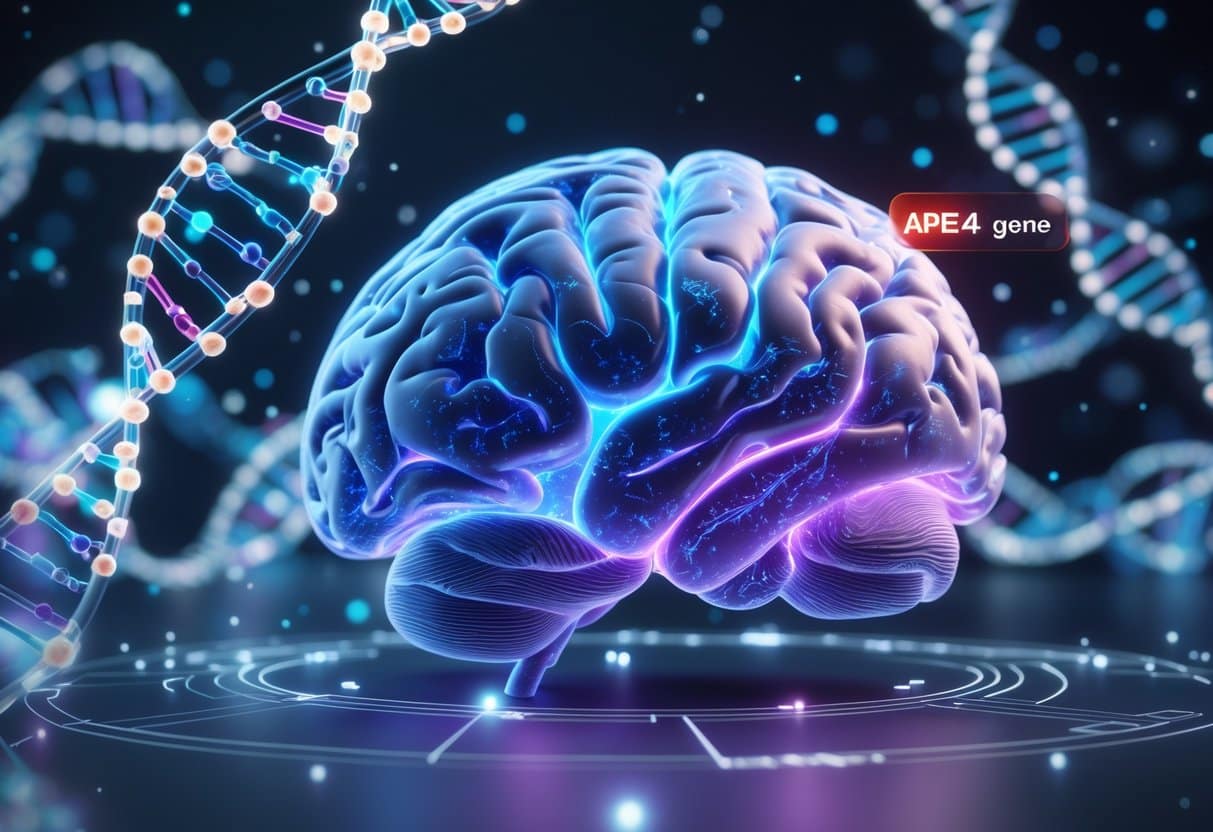 A 3D image of a human brain with glowing neural pathways and nearby DNA strands highlighting a gene variant, surrounded by floating molecular structures and data points.
