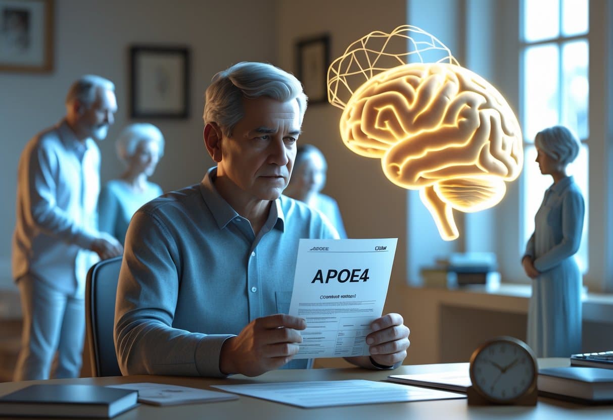 A person sits at a desk holding a paper with a floating DNA helix above it, surrounded by ghostly family figures and a glowing brain model in the background.