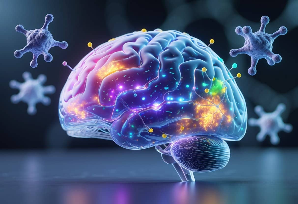 3D rendering of a human brain showing highlighted regions affected by the APOE4 gene and nearby molecular structures representing the APOE4 protein.