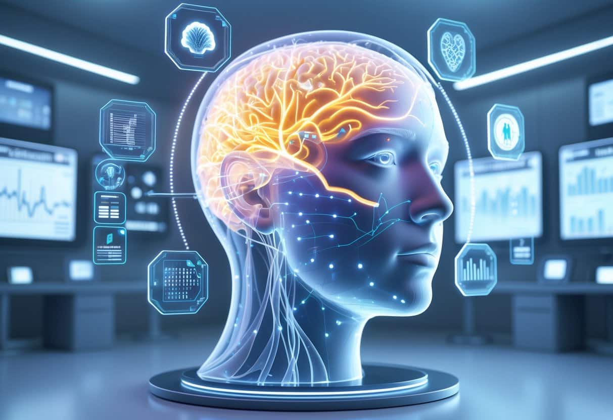 3D rendered transparent human head showing brain areas and glowing neural pathways with surrounding holographic medical icons and DNA strands in a clinical setting.