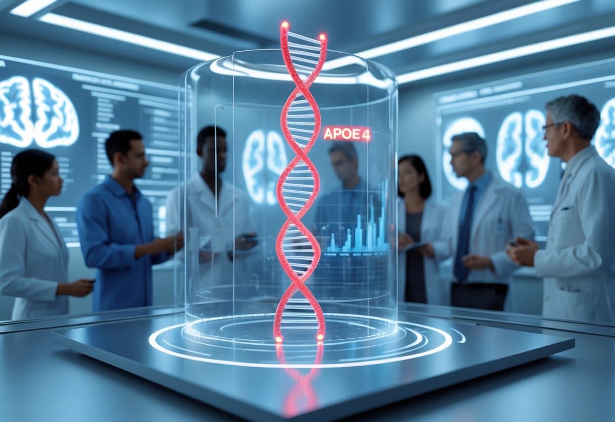 A 3D scene showing a DNA strand with a highlighted gene segment, scientists examining holographic brain scans and data in a futuristic lab.