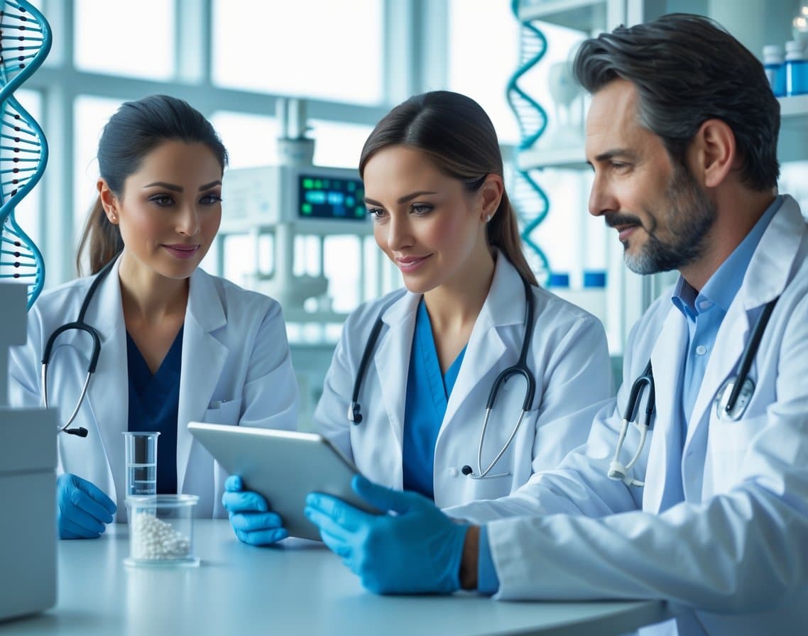 A healthcare professional explains genetic testing to a patient in a modern medical office with DNA models and lab equipment in the background.