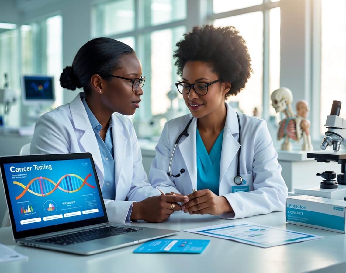 A doctor explains genetic test results to a patient in a bright medical office with a laptop showing DNA graphics.