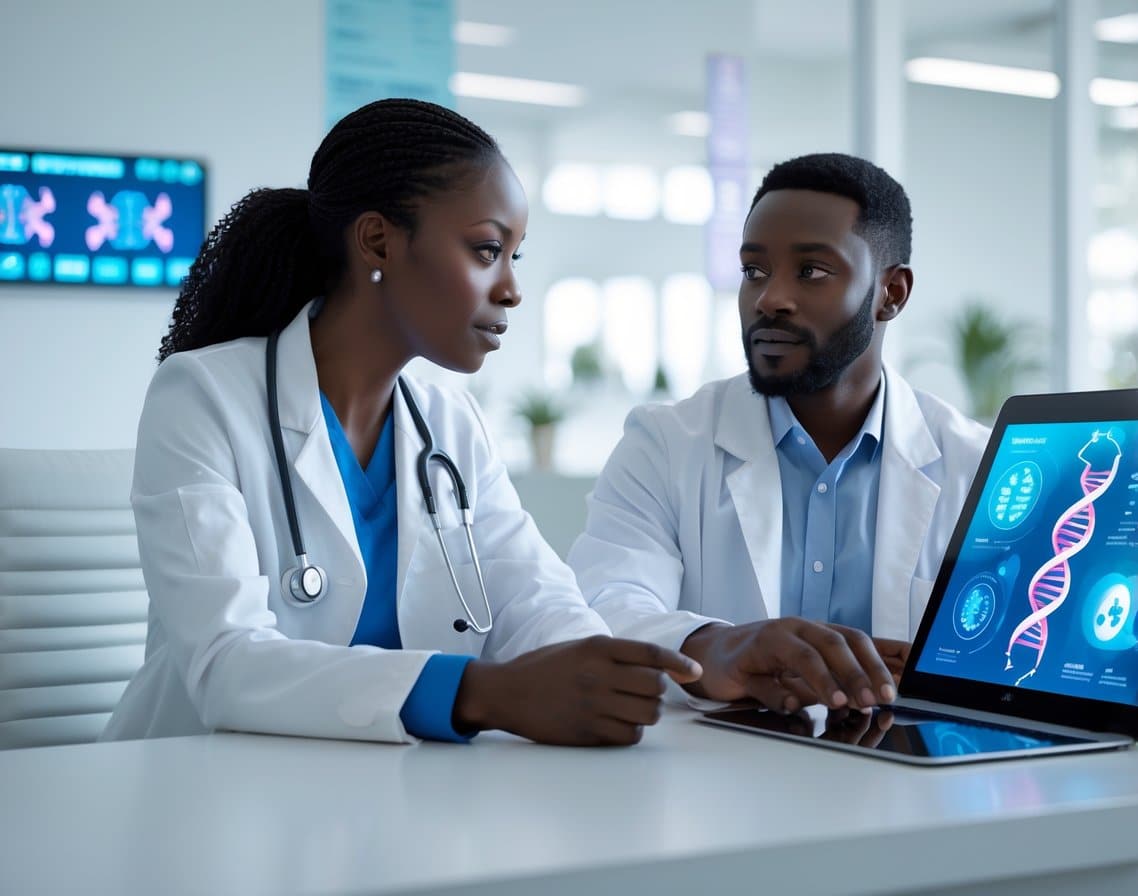 A healthcare professional discusses genetic testing options with a patient in a modern medical office.