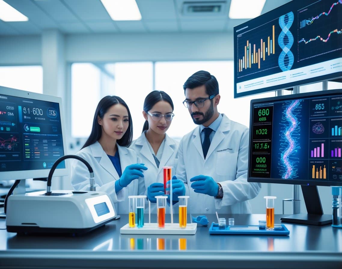 Healthcare professionals in a modern lab examining advanced genetic testing equipment with digital displays showing DNA data and cancer risk information.