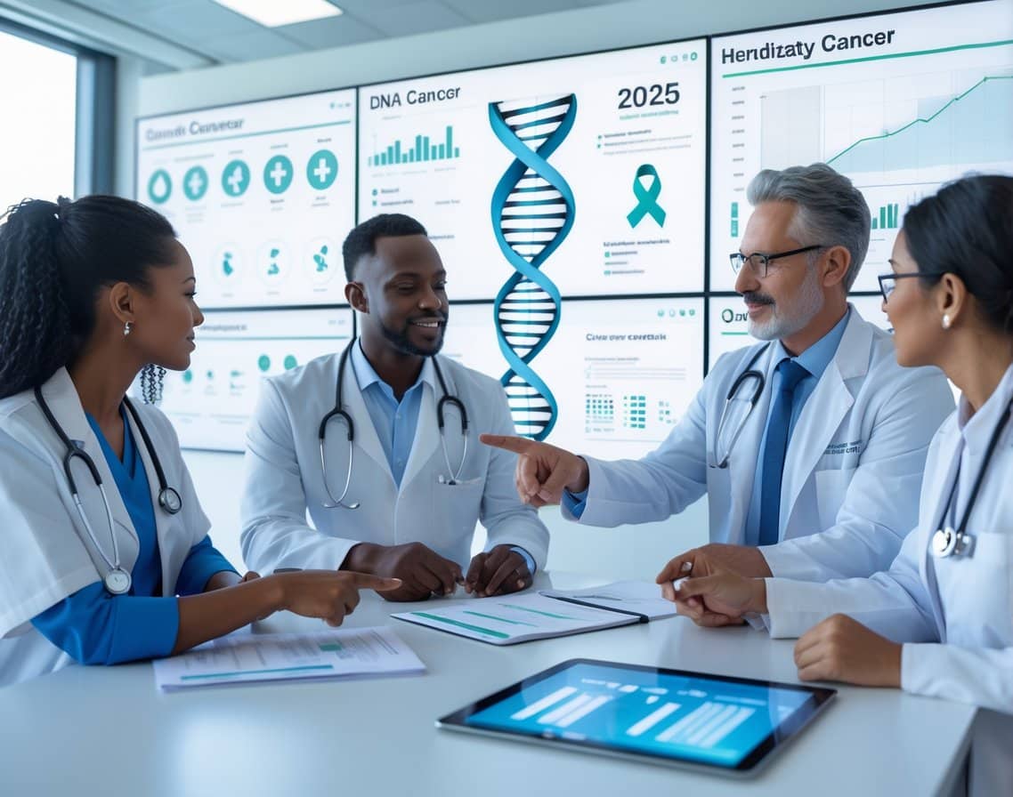 Healthcare professionals discussing genetic testing options for hereditary cancer in a modern medical office with digital screens showing DNA graphics.