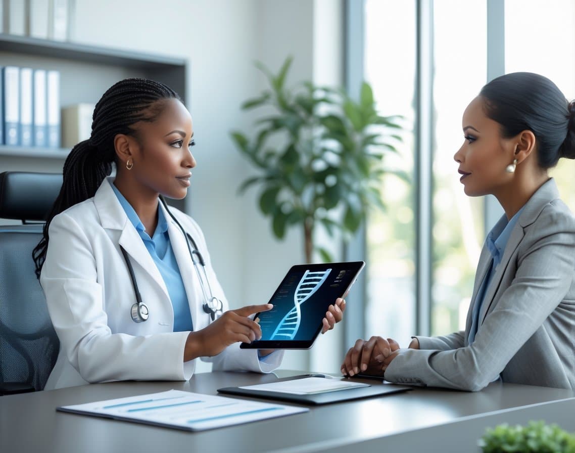 A genetic counselor and patient discussing cancer prevention genetic testing in a modern medical office.