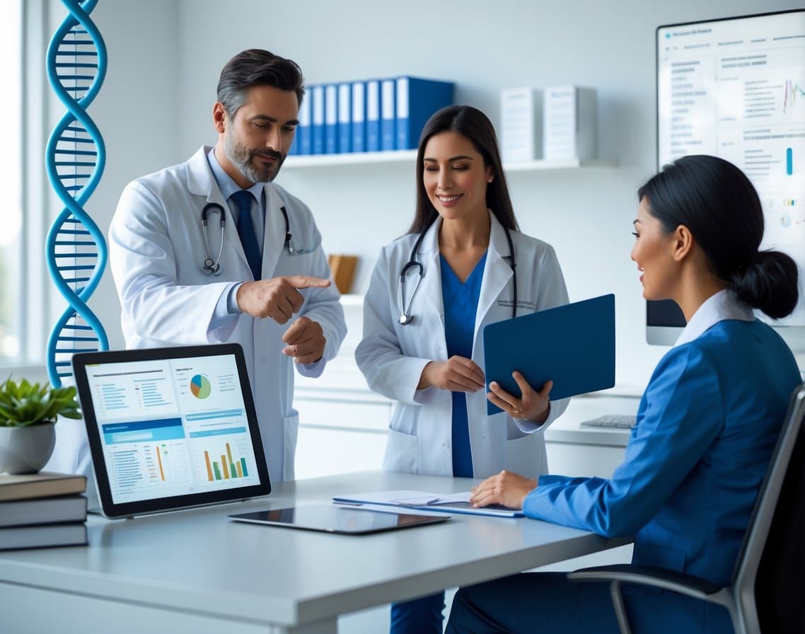 A doctor and genetic counselor discussing genetic testing options with a patient in a modern medical office.