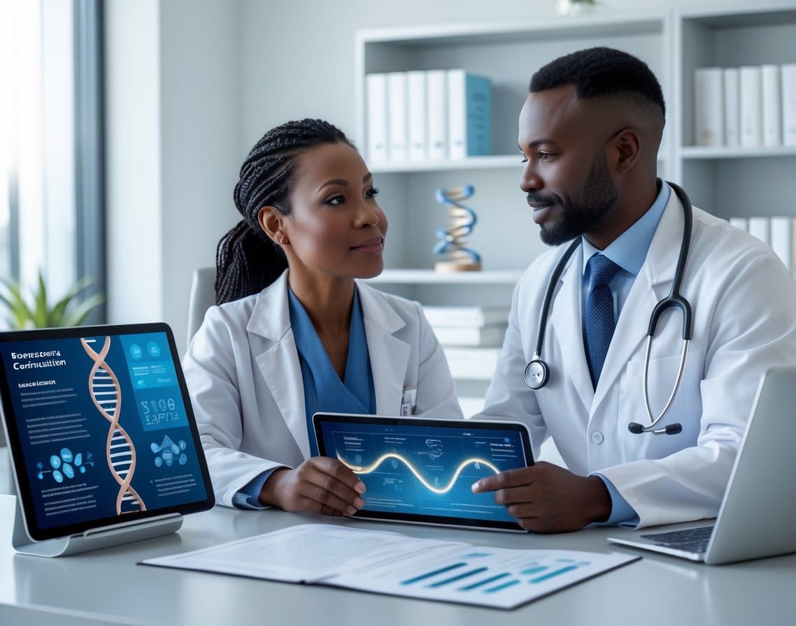 A woman consulting with a doctor in a modern medical office, discussing genetic testing for cancer prevention.