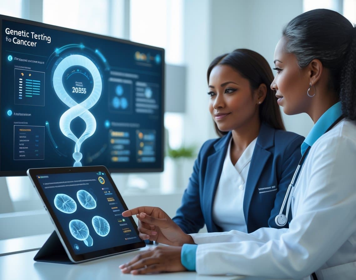 A doctor explaining genetic testing options to a patient in a modern medical office.