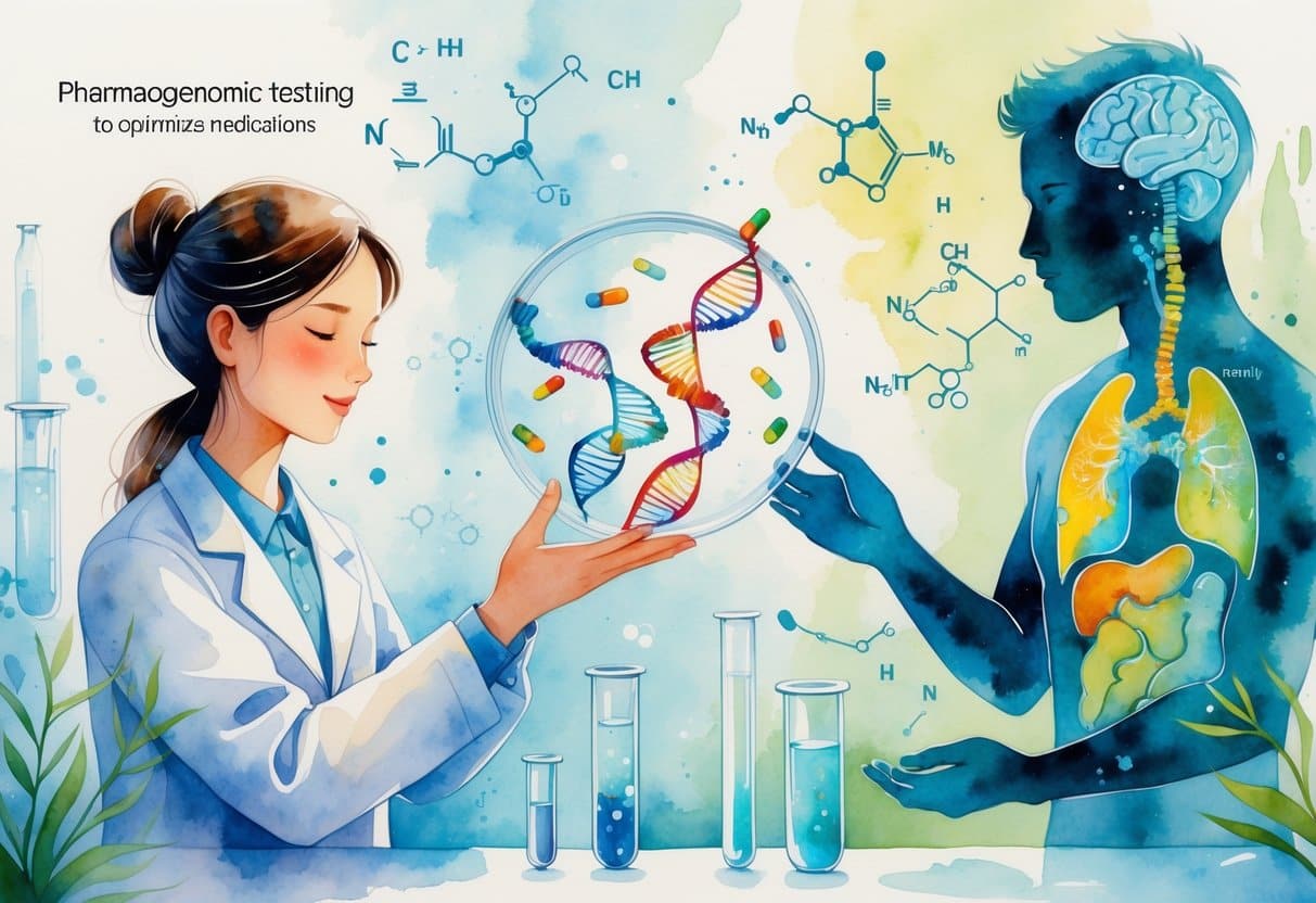 A scientist holding a petri dish with DNA strands and medicine capsules, with molecular structures and a human silhouette in the background.