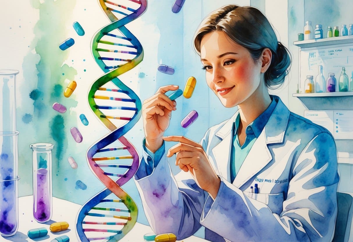 A scientist examining a glowing DNA model surrounded by floating pills in a laboratory setting.