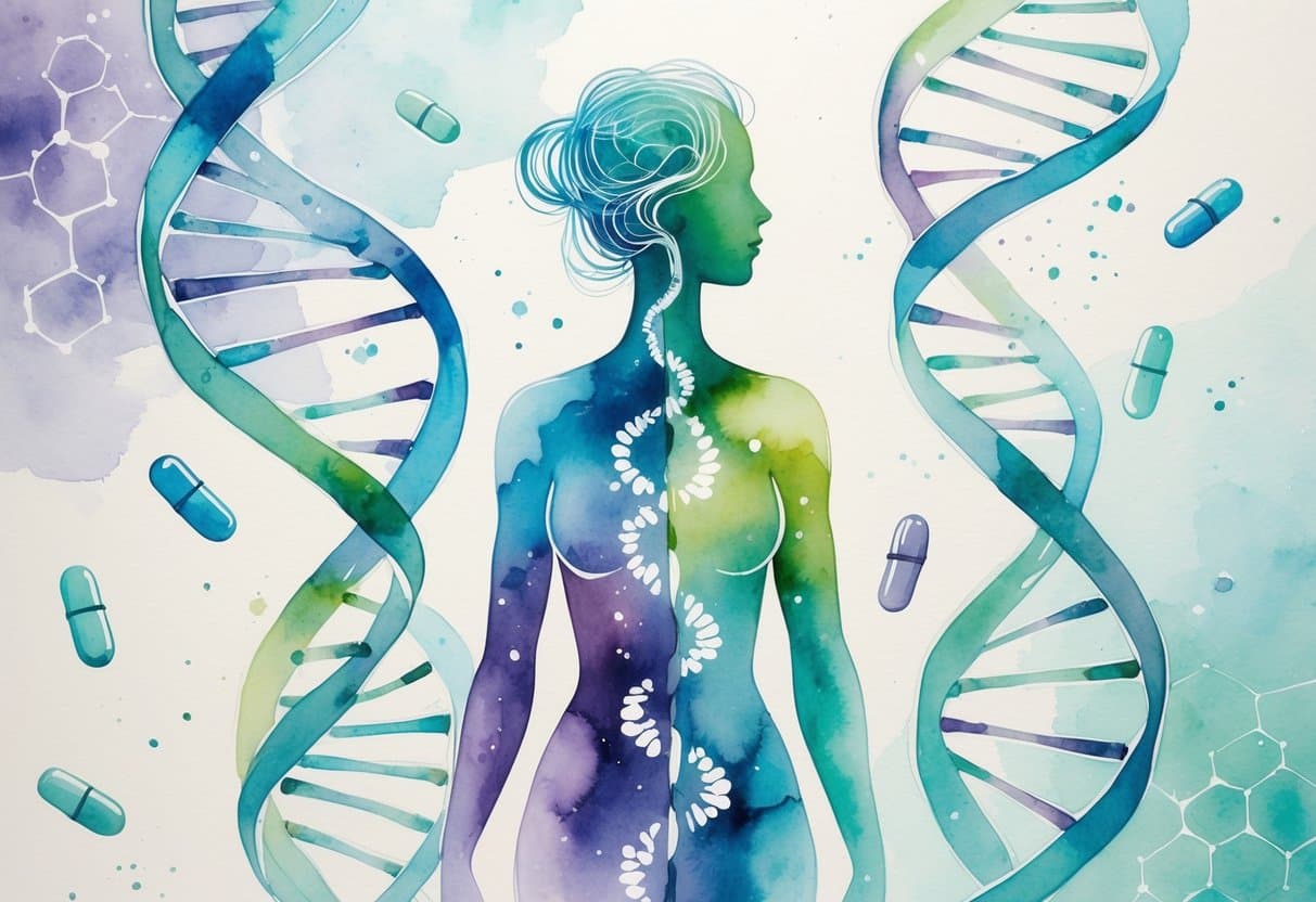 A human figure surrounded by DNA strands and pills, symbolizing personalized medication and pharmacogenomic testing.