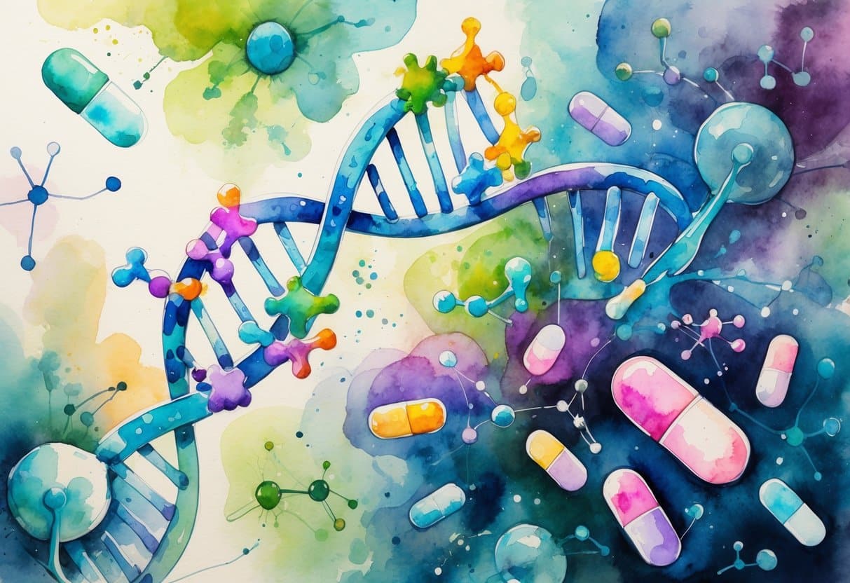 A colorful scene showing a DNA strand intertwined with drug molecules and medical symbols representing genetics and medication.