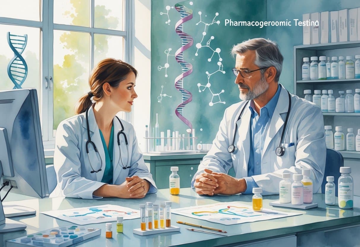 A doctor and patient in a clinical room discussing medical information with DNA models and medication on a table nearby.
