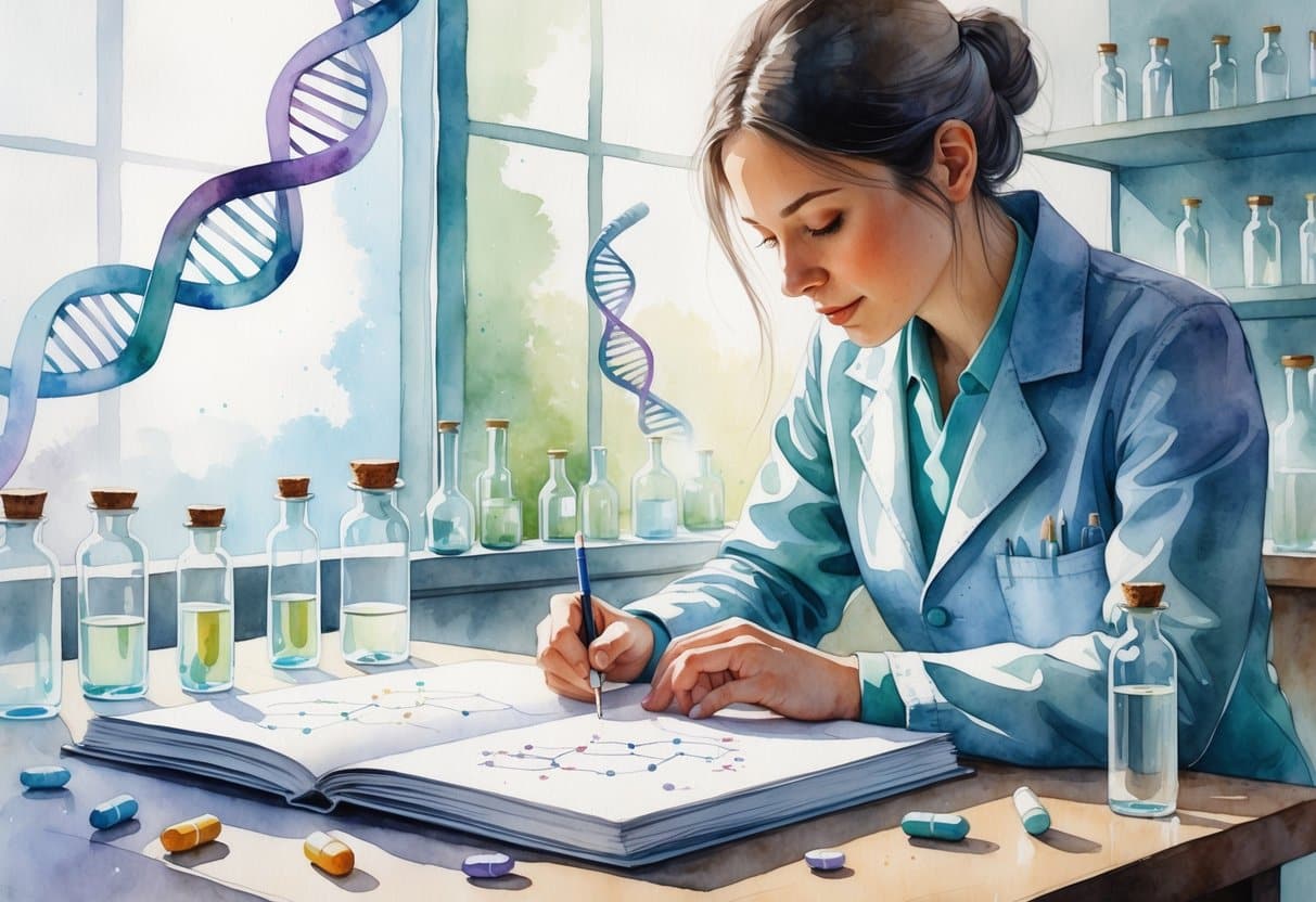 A scientist in a laboratory surrounded by DNA illustrations, medication pills, and scientific equipment, thoughtfully examining notes on a table.